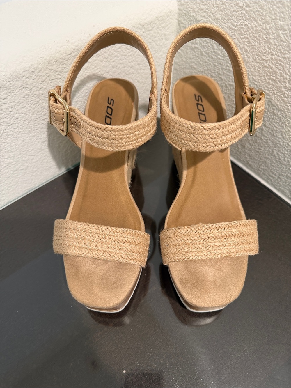 Soda Beige Braided Ankle-Strap Wedge Sandals.